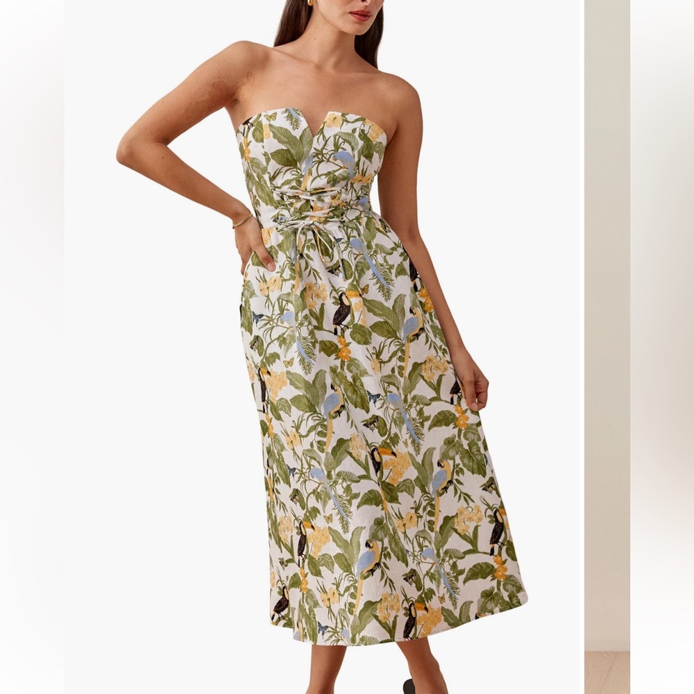 Reformation Cosima Linen Midi Dress Tropical Bird Print Size 4